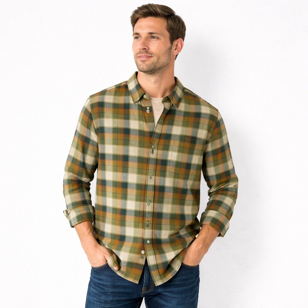 NWT Eddie Bauer Field Flannel Shirt L Avocado Green Plaid Cotton Button
Down